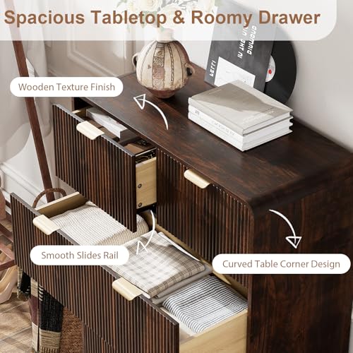 Image of QUW Fluted 5 Drawers Dresser for Bedroom, Modern 40.2 inch Tall Drawer Dressers with Metal Handle, Wooden Chest of Dresser for Living Room, Hallway, Solid Wood Legs, Curved Profile Design, Dark Walnut