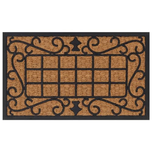Mhdvray Felpudo de 45 x 75 cm de fibra de coco y goma, resistente en color negro y marrón, alfombrilla antideslizante para entrada, para pasillo, puerta principal, balcón y jardín