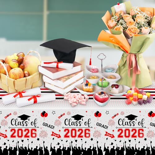 Image of Graduation Decorations Class of 2026 Tablecloth - 3 Pcs Plastic Congrats Grad Table Cloth, Graduation Table Cover for Graduations Party Decorations 2026 and Party Supplies, 54 inchx108 inch (Red and Black)