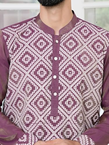Image of See Designs Men's Full Sleeve Mandarin Collar Floral Embroidered Mandarin Collar Thread Work Straight Long Kurta with Pyjama - Festive Collection