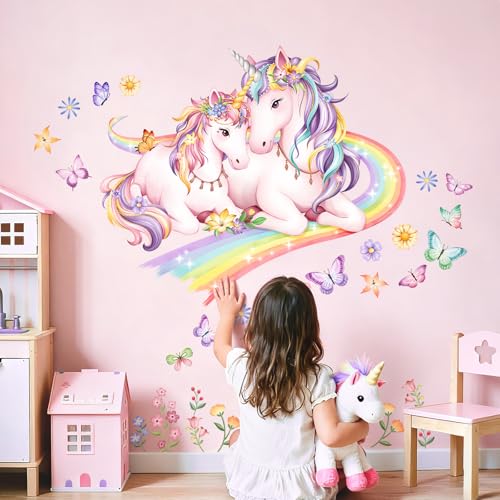 Tanlaby Sticker Muraux Licorne Arc-en-ciel Autocollant Muraux Fleur Papillons Sticker Murale Enfants Autocollants Mural à Décoller et Coller pour Fille...