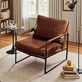 Art Leon Mid Century Modern Accent Chair, Faux Leather Armchair with Black Metal Legs, Single Lounge Side Chair for Living Room Bedroom Small Spaces, Red Brown