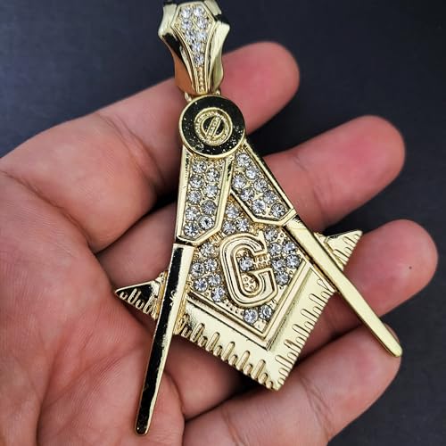 Iced Gold Plated Simulated Diamond Large Masonic Freemason Charm Pendant & 10mm 18" 20" 24" 30" Cuban Chain Hip Hop Rapper Style Jewelry Fashion Necklace Gift, halloween3