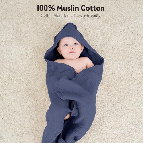 Image of Susurration Hooded Baby Towels for Newborn 2 Pack 100% Muslin Cotton Towel for Babies，Highly Absorbent and Newborn Essential 30x30 Inch Moon&Royal Blue