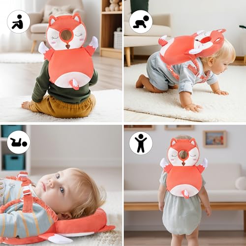 Image of Baby Head Back Protector Backpack Toddler Safety Protector Cushion Pad Soft, Adjustable and Lightweight Design for Safe Walking and Crawling Toddlers Girls and Boys(Fox)