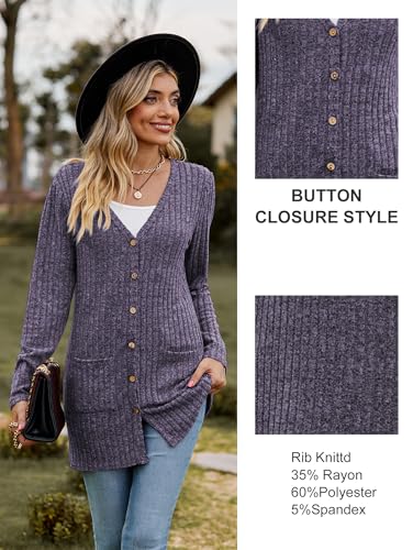 Famulily Damen Open Front Lange Strickjacken mit Taschen für Frauen Cosy Lose Open Front Pullover Mantel (L, Lila)