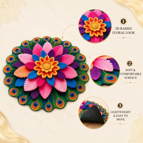 Image of JD FRESH 3D Rangoli Design Door Mat, Colorful Non-Slip 3D Bathroom Mats, Machine Washable, Water Absorbent Floor Carpet for Entryway, Bathroom, Living Room & Bedroom(80 x 80 Cm)