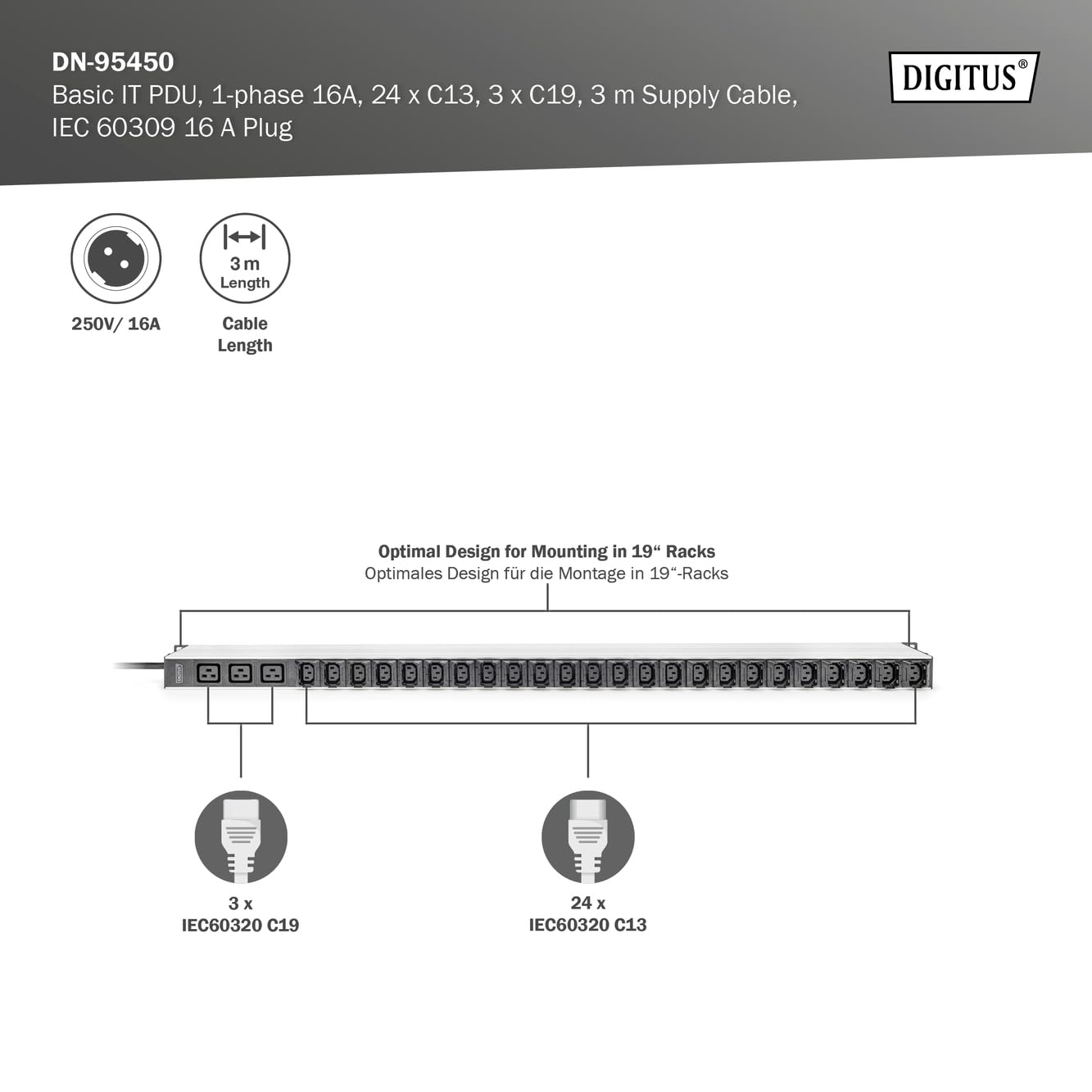 DIGITUS IT BASIC PDU VERTICAL 16A 1-PH 24XC13 3XC19 3M CABLE PLUG