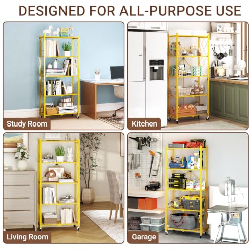Image of black leopard 5-Tier Foldable Metal Storage Shelf with Wheels, Gold | Foldable Design; 85 lb Capacity per Shelf; Preassembled Frame; Lockable Casters; Reinforced Metal Construction