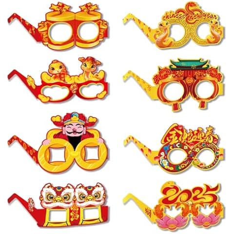 16Pcs Chinese New Year Masks Eyeglasses Party Supplies, Year of the Snake Party Supplies Dress Up Masks Photo Booth Props,25 Years of Chinese New Year Party Dress Up Props Cover