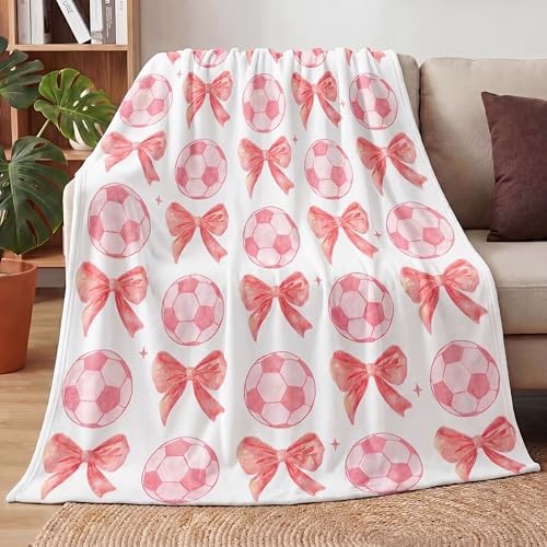 HunnmingRe Soccer Blanket 50x60 Coquette Pink Bow White Soft Throw Blanket Soccer Gifts for Girls Women Team Players Coach Unique Gifts for Sports Lovers