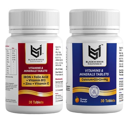 Image of BLACK MIRROR IRON B12 FOLIC ACID VIT C FOR HEALTHY BLOOD ENERGY, STAMINA, IMMUNITY (30 iron 30 calcium, 60, count)