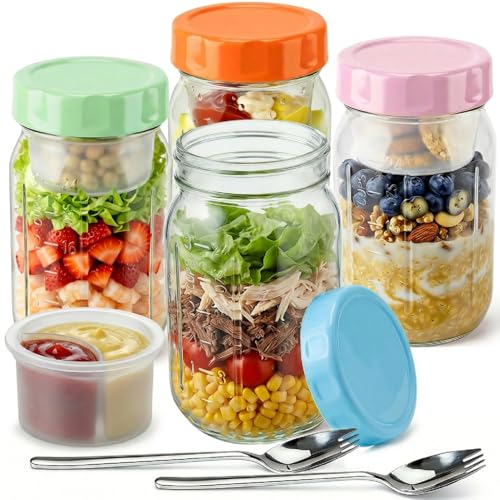Image of Salad Jars with Lids Meal Prep Containers Glass - 32oz Leakproof Mason Jars Salad Containers with Dressing Cup for Lunch Bentgo, Full Meal Salads Lunch Containers with Spoon Forks for Adults