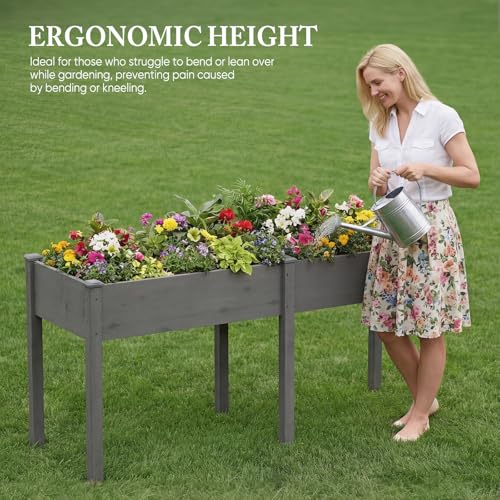 Image of DUMOS Raised Garden Bed 72x23x30 Inch, Outdoor Planter Box with Legs, Elevated Wood Garden Bed with Liner for Herbs Flowers Vegetables, Wooden Planter Box for Patio, Balcony, Backyard, Grey