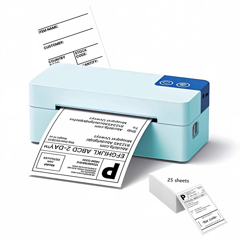 POLONO Stampante per etichette wireless PL50EB, connessione wireless, stampa rapida per piccole aziende, etichette di trasporto, codici a barre, forniture per ufficio a casa. Include 25 fogli di carta