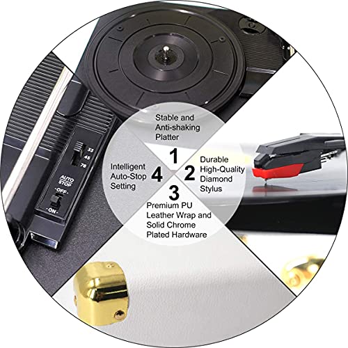 Image of Claw Stag Portable Vinyl Record Player Turntable with Built-in Stereo Speakers, Volume Control Knob, AUX Input and RCA Output, 78 RPM Speed, High Qualiy Diamond Stylus and Headphone Jack (White)