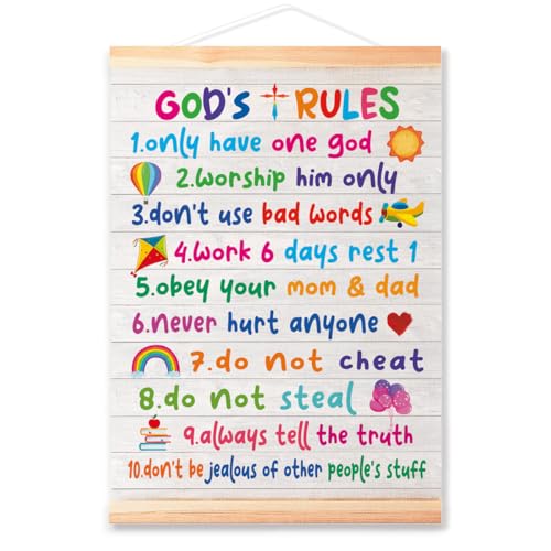 Littlefa God Rules Hanging Posters for Kids,Christian Kids Poster for