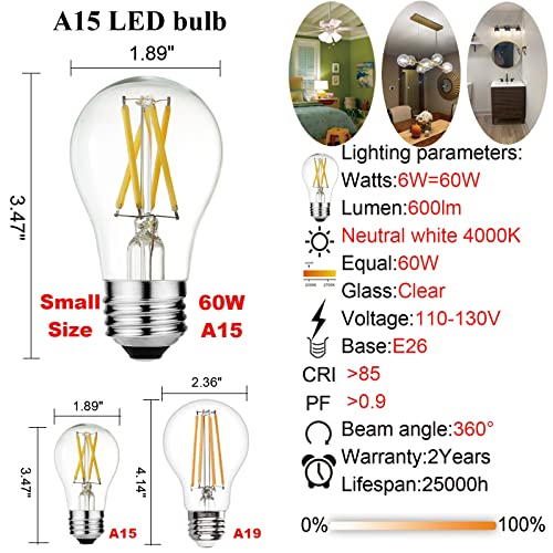Image of LiteHistory A15 Bulb,E26 led Bulb 60 watt,Neutral White 4000K,Non-Dimmable | 6w=60 watt Light Bulbs,600lm,AC120V,ETL,No flicker,Edison Light Bulbs,E26 Light Bulb for Ceiling Fan,Wall sconces,Desk,6Pack