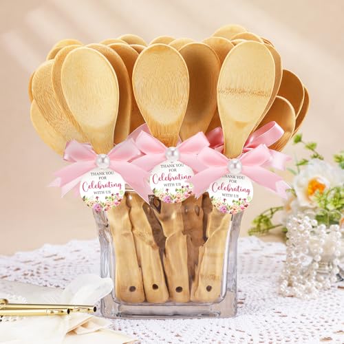 Jingmore 36 Set Bridal Shower Party Favors Bamboo Wooden Spoons with Bow and Tags Kitchen Utensils Wedding Favors Gift for Bridal Shower Prizes Guests Party Table Decoration(Flower,Pink Ribbon)