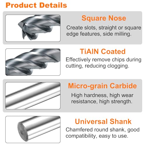 Image of HARFINGTON Carbide Square Nose End Mill Bit 1 /2 inch Cut Dia 4 Flutes TiAlN Coated Milling Cutter for Hardened Steel Metal (1 /2 inch Shank 1-1 /4 inch Cut Length 3 inch Long 45 Degree Helix HRC49-51)