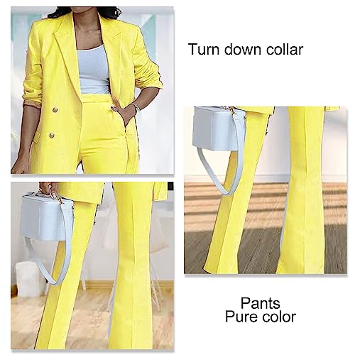 Blazer feminino de 2 peças com gola de lapela e calça de trabalho de pernas largas casual, cor lisa,