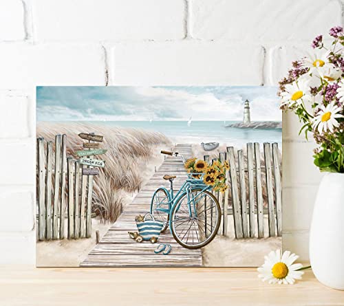 Laiart Beach Canvas Wall Art For Bathroom With Fence Wooden Path Bike Decor Lighthouse Print Pictures Artwork (11"X15") #TOP2
