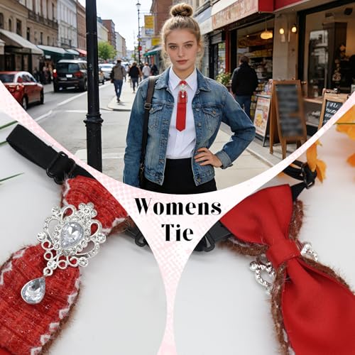 Image of Rhinestone Ties for Women, Skinny Neck Tie for Women Business Prom | Polyester Womens Tie, Tweed Splice Design, Rhinestone Ornament, Adjustable Strap, Elegant Retro Look, for Banquet Party Date