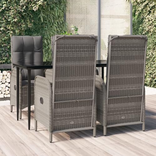 Gecheer 5 pzas Conjunto Comedor Jardin de Ratán Taburetes Mesa y Sillas Jardin con Cojines Juego de Comedor Exterior Mesas de Comedor de Patio,4X sillas + Mesa 140 cm Gris