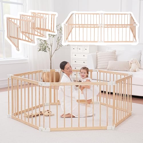 GGF Wooden Baby Playpen Foldable with Gate 64x32 Natural Wood, Light Pine