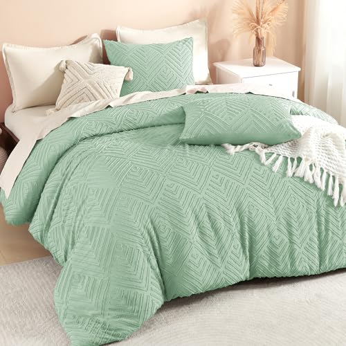 Image of Litanika Sage Green Full Comforter Set, 3 Pieces Tufted Boho Farmhouse Bedding Comforter Sets, Lightweight Fluffy Comforter Bed Set for All Season (79x90In Comforter and 2 Pillowcases)
