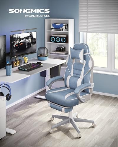 Sedia da Ufficio, Poltrona Racing Ergonomica, Poggiapiedi Telescopico, Schienale Inclinabile, Poggiatesta e Supporto Lombare, Portante di 150 kg, Blu Turchino e Bianco Crema OBG073Q01 - Sedia gaming - Immagine 1