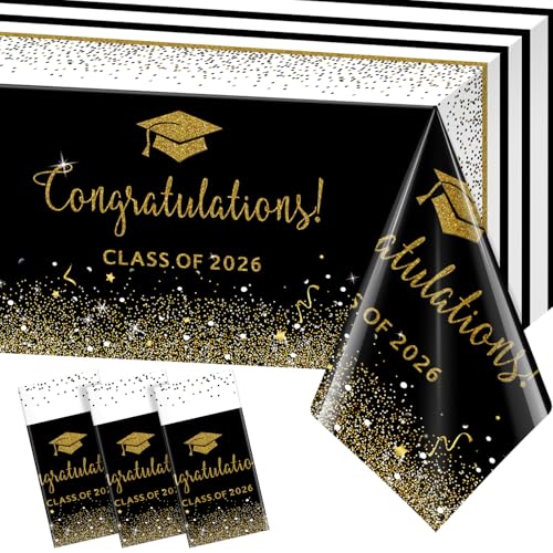 3 Pack Class of 2026 Graduation Tablecloths,Foil Dot Plastic Disposable Rectangle Table Covers for 2026 High School University College Graduation Party Decorations,108*54 Inch (Black and Gold)
