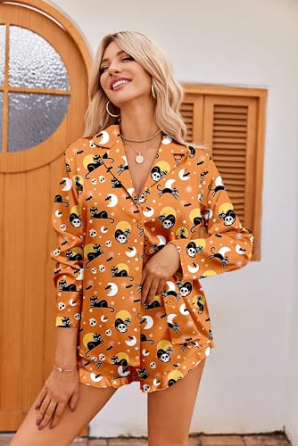 Image of Ekouaer Womens Satin Pajama Sets Long Sleeve Button Down Top and Shorts | Cute Silk Pjs with Ruffle for Soft Sleep, Lounge, Wedding, Party, Bridal, Date Nights, 2 Piece