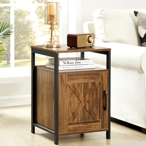 GreenForest Moderner Nachttisch mit Stauraum Nachttische mit verstellbarer Ablage, rustikaler Beistelltisch mit Scheunentür für Schlafzimmer Wohnzimmer, Walnuss Cover