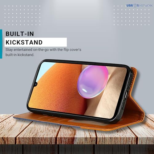 Image of Samsung A32 5G Denim & Leather Flip Back Cover Case | Vegan Leather | Kick Stand & Pockets | Protective Back Flip Cover for Samsung A32 5G (Blue)