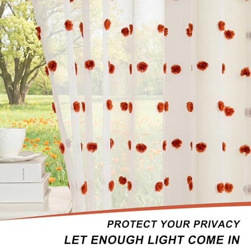 Image of MYSKY HOME Brick Red Pom Pom Sheer Curtains for Bedroom 90 Inch 2 Pieces