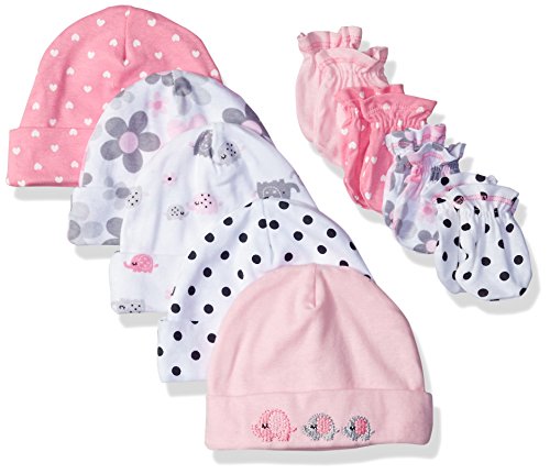 Gerber Baby Girl's 8 9-Piece Cap and Mitten Sets, 9pc Elephants/Flowers, Newborn