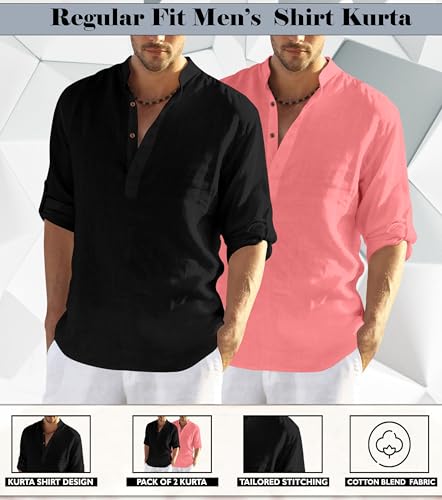 Image of Zombom Men's Combo Cotton Polyester Blend Solid Full Sleeve Straight Regular Fit Mandarin /Chinese Collor Kurta (Pack of 2)