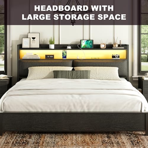 Herture Headboard for King Size Bed Frame, Headboards with Outlets, USB Ports and 60,000 DIY Color LED Light, Upholstered Head Board with Storage, Height Adjustable, Black BT01CRB