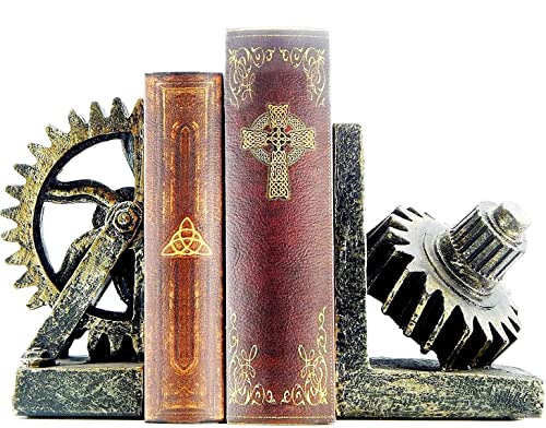 Decorative Bookend Gear Book Ends Industrial Rustic Vintage Unique Heavy Statues Bookshelves Support Home Decor Accents (Large) #TOP9