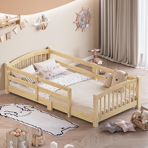 Image of Bellemave Twin Size Kids Montessori Floor Bed,Twin Size Floor Bed Frame with Slats and Safety Guardrail,Solid Wood Montessori Bed for Girls Boys,Natural