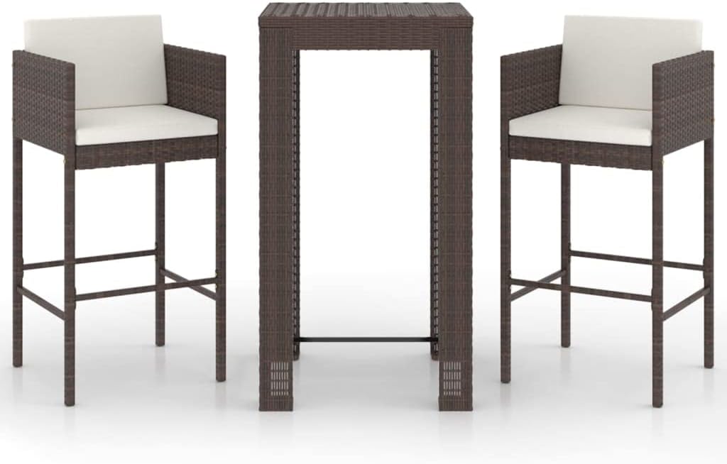 vidaXL Garden Bar Set 3 Piece with Cushions Patio Outdoor Lawn Yard Terrace Balcony Table and Chair Seat Seating Furniture Poly Rattan Brown