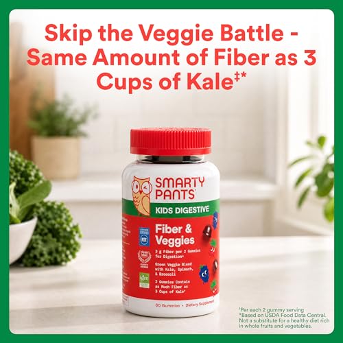 SmartyPants Kids Fiber & Veggies: Prebiotic Fiber Gummies for Kids, Fiber Supplement with Inulin, Organic Green Veggie Blend, Vegan, Gluten Free, Mixed Berry Flavor, 60 Count (30 Day Supply) - image 8