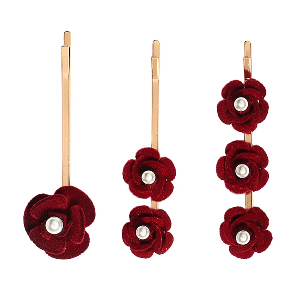 Lurrose Pearl Flower Hairpins Set of 3 Floral Hair Clips with Rose and Plastic Pearls for Bridesmaid Accessories Wedding Bridal Hair Decorations for Women and Girls