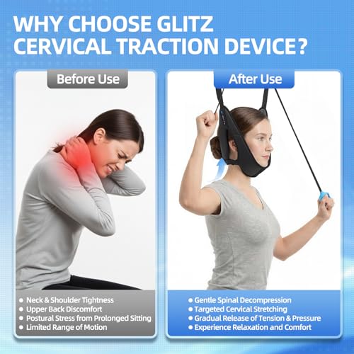 Image of glitz Upgraded Neck Stretcher & Cervical Traction Device with Ratchet System - 50-200N Adjustable Over-Door Traction for Pain Relief & Spinal Decompression, Force-Limited Easy-Release Pull Cord