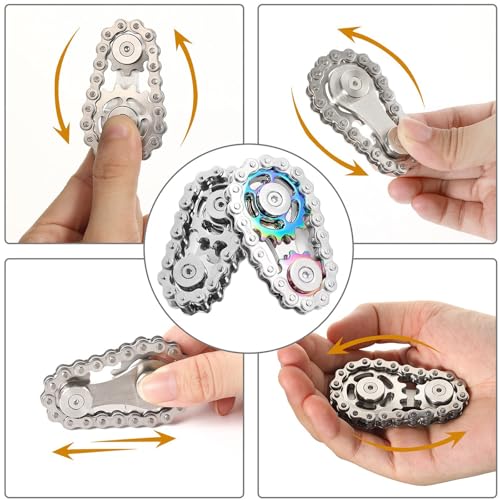 Image of 【2PCS】Fidget Spinners Toys for Adults & Teens - Metal Fidget Toy Bike Chain Fidget Sprocket Chain Fidgets Toy for Relief Anxiety ADHD Autism Cool Gadgets Desk Offices Gift Sensory Toy（Silver+Rainbow）