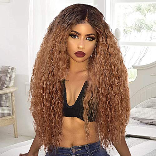 Isaic Long Curly Wigs for Women Synthetic Ombre Brown Wigs Middle Part Daily Wigs
