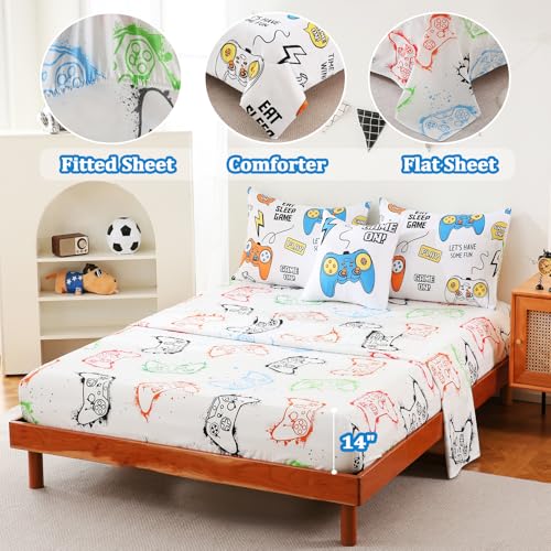 Image of 6 Pcs Bed in A Bag Gaming Full Size Comforter Sets for Boys,Gamer Bedding Set,Game Console Full Comforter Set with Sheets for Kids Teens