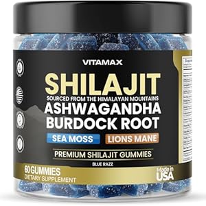 Organic Shilajit Gummies 1500mg, Sea Moss 200mg, Ashwagandha 500mg, 105+ Trace Minerals – Organic Burdock Root & Lions Mane Mushroom – Blue Razz – Vegan & Non-GMO – Made in USA – 60ct
