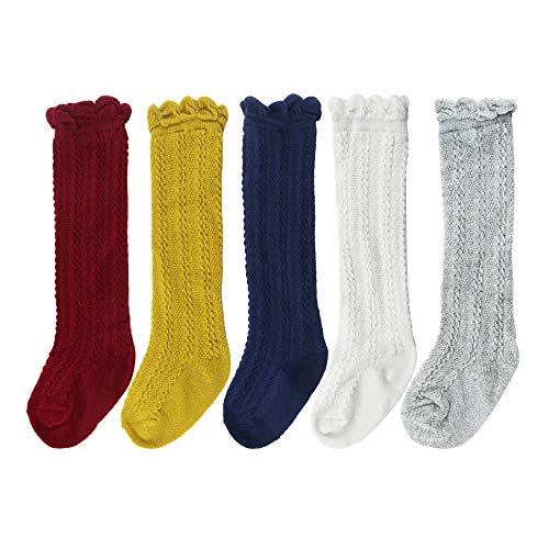 Bestjybt Baby Girls Boys Knee High Socks Cotton Newborn Infants Toddlers Cable Knit Tube Ruffled Stockings, 5 Pairs (Assorted, 3-5T)